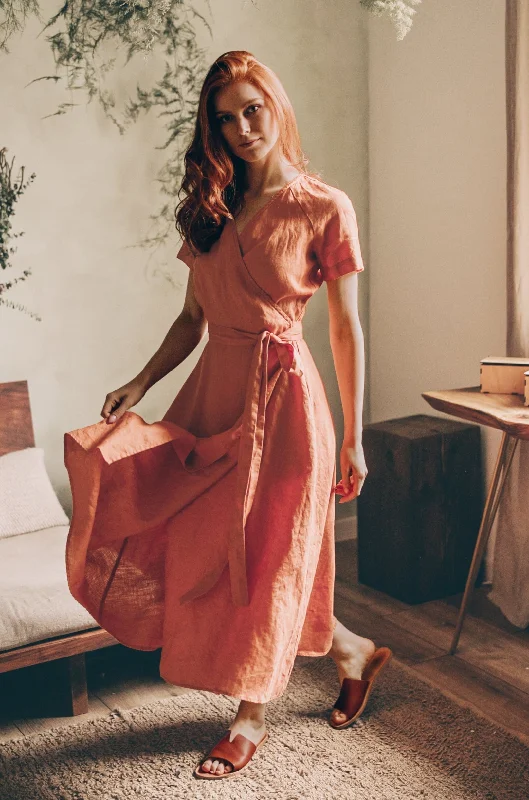 Big Savings Midi Length Linen Wrap Dress with Short Sleeves