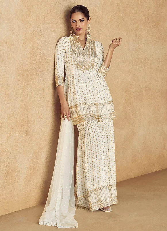 Today's Special Off White Traditional Embroidery Peplum Style Gharara Suit