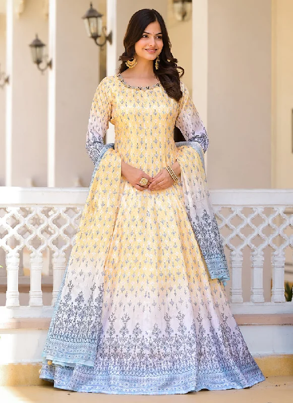 Best Seller Pastel Yellow Multi-colored Digital Printed Gown