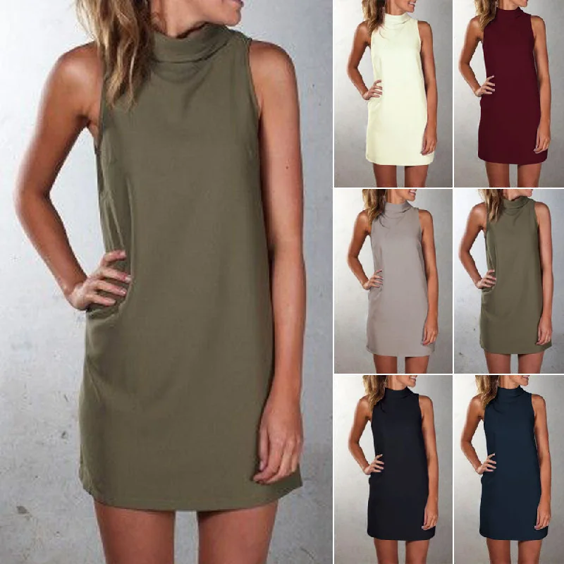 Low Prices Pure Color Sexy O-neck Sleeveless Short Dress