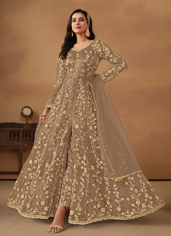 Customer Appreciation Sale Light Brown Embroidered Slit Style Anarkali Pant Suit