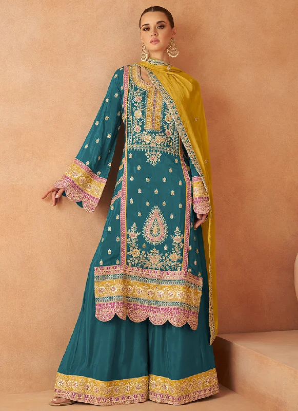 Special Discount Turquoise And Yellow Multi Embroidery Palazzo Suit
