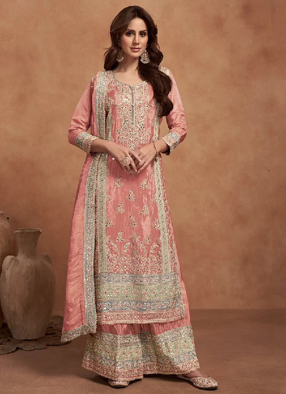 Seasonal Sale Peach Multi Embroidered Wedding Palazzo Suit