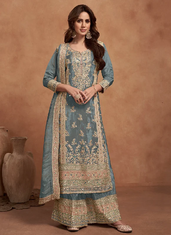 Amazing Deals Blue Multi Embroidered Wedding Palazzo Suit