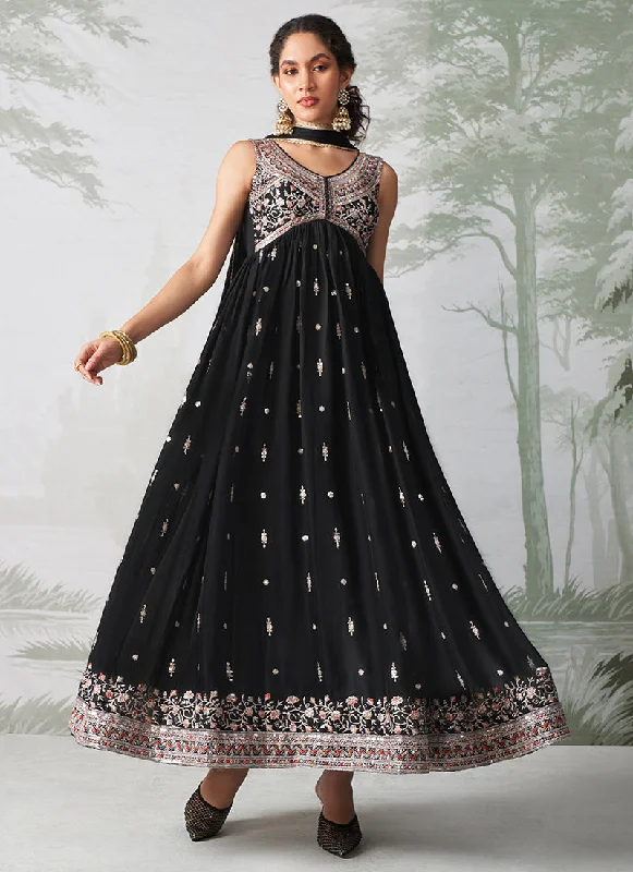 Super Bargain Black Multi Embroidery Traditional Anarkali Suit