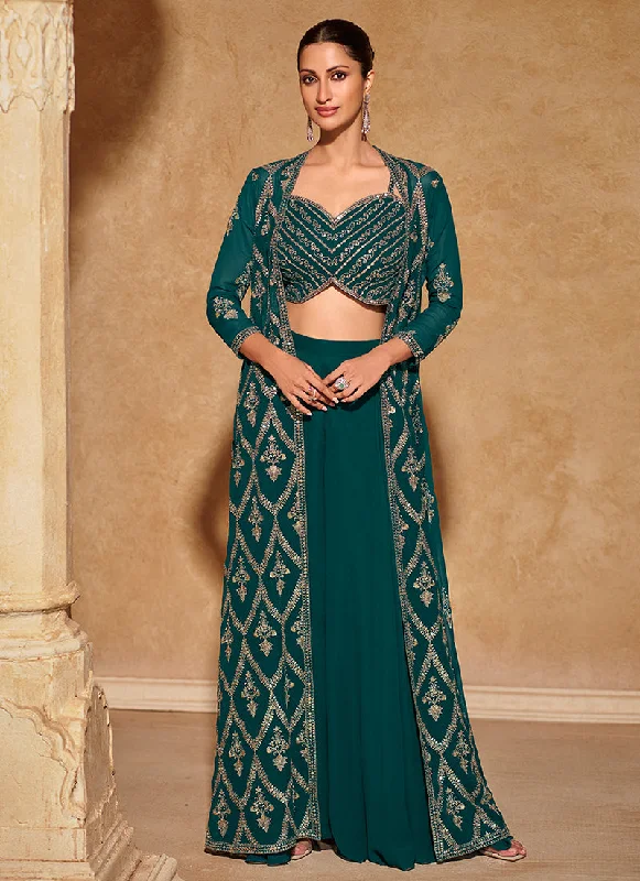New Deals Teal Green Embroidered Jacket Style Palazzo Suit
