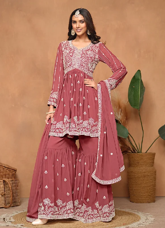 Midnight Madness Peach Thread Embroidery Georgette Gharara Suit