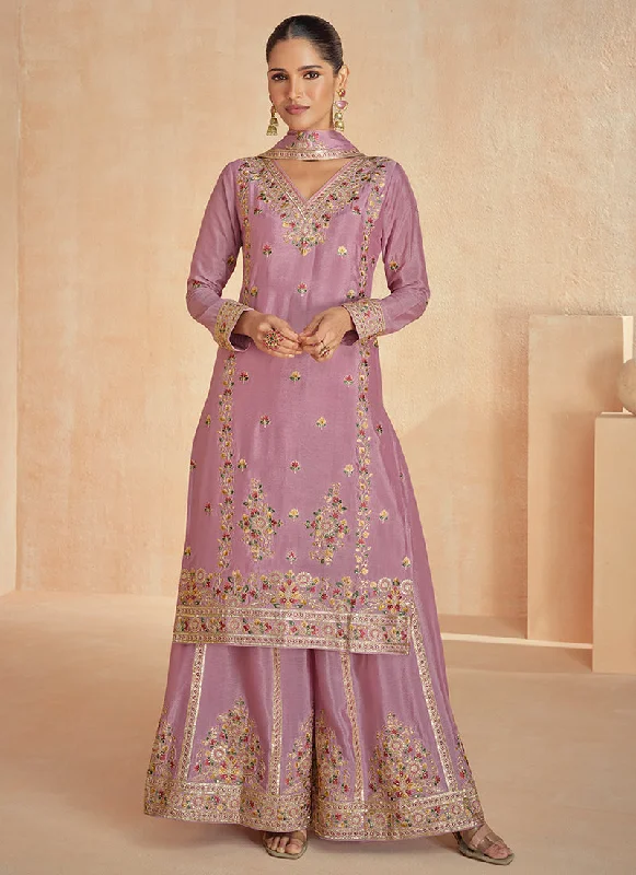 Special Savings Mauve Purple Multi Embroidery Festive Palazzo Suit