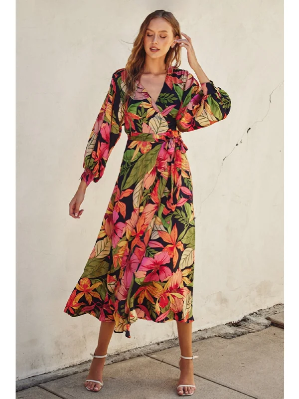 Deep Discounts Dress Froum Sally Picture Perfect Satin Maxi Wrap Dress In Oceania Garden