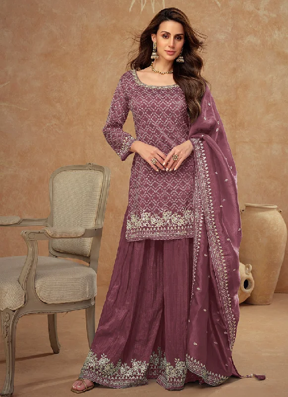 Can't Miss Plum Purple Embroidery Party Wear Sharara Suit