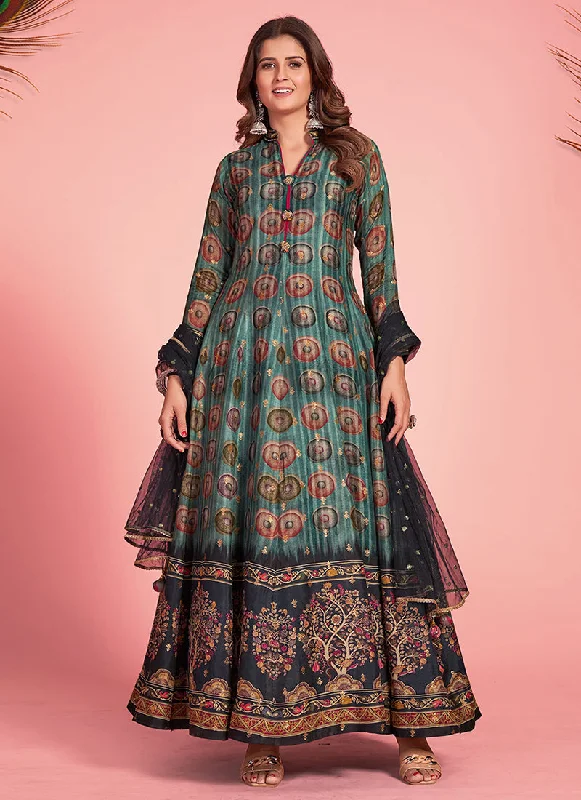 Daily Deals Green Black Multicoloured Silk Jacquard Anarkali Gown