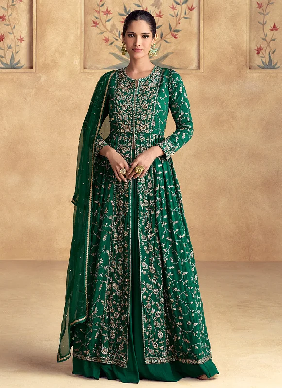 Bargain Prices Dark Green Golden Embroidery Slit Style Anarkali Lehenga