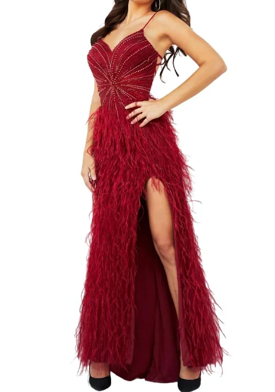Exclusive Online Offer Feather Accent Prom Dress In Burgundy