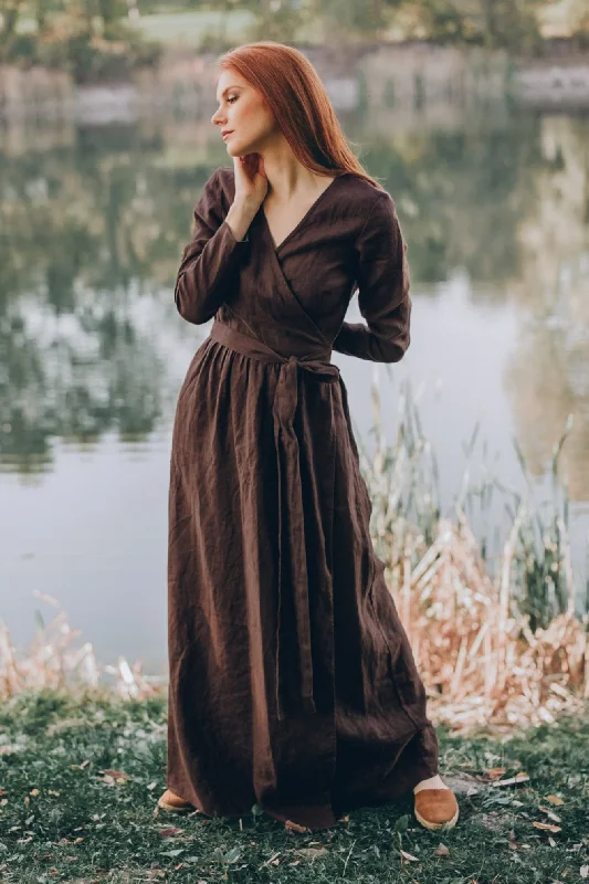 Special Discount Long Sleeve Linen Wrap Dress