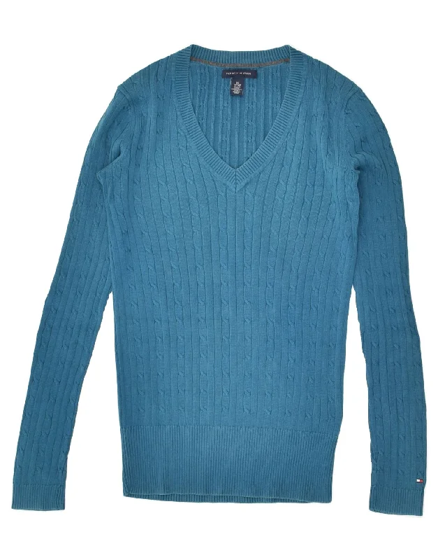 TOMMY HILFIGER Womens V-Neck Jumper Sweater UK 6 XS Blue Cotton