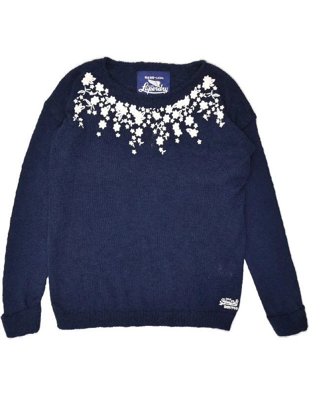 SUPERDRY Womens Oversized Boat Neck Jumper Sweater UK 10 Small Navy Blue