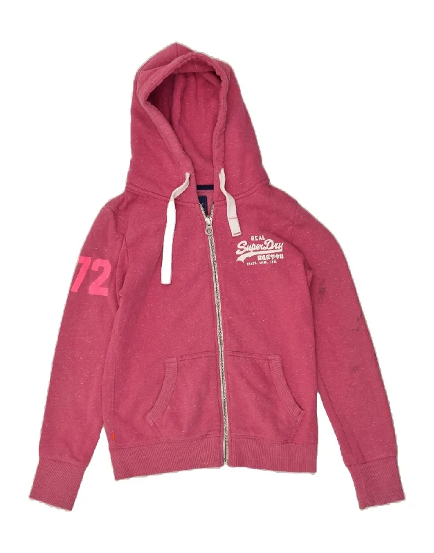 SUPERDRY Womens Zip Hoodie Sweater UK 14 Medium Pink Flecked Cotton