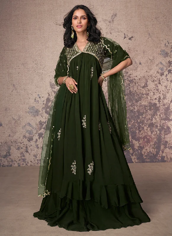 Price Smash Olive Green Embroidered Chinnon Anarkali Gown