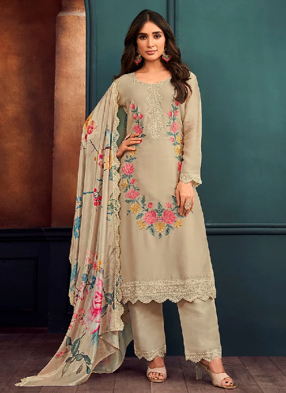Special Savings Beige Thread Work Embroidery Pant Style Suit