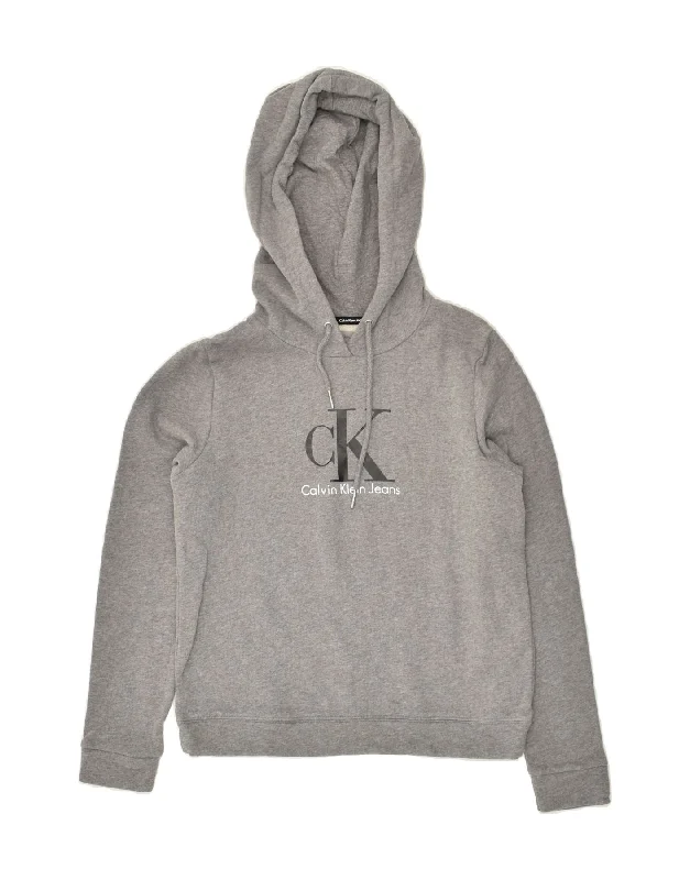 CALVIN KLEIN Womens Graphic Hoodie Jumper UK 6 XS Grey Cotton