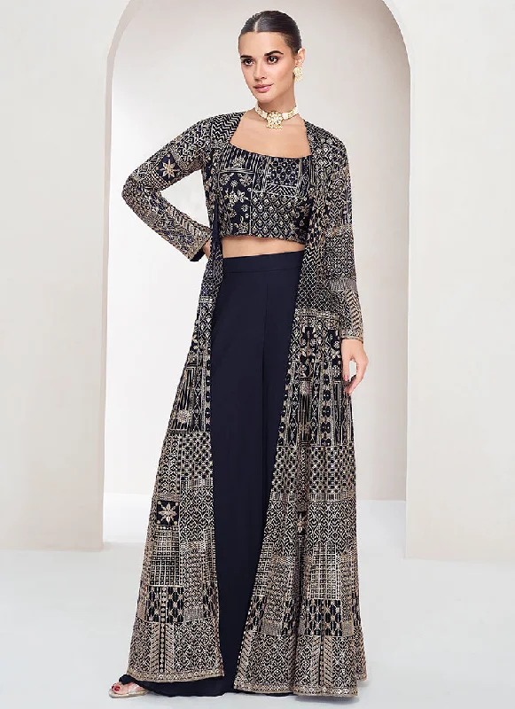 Deal Alert Navy Blue Embroidered Jacket Style Palazzo Suit