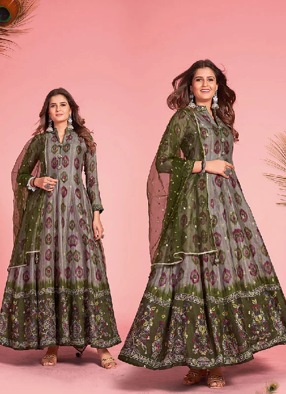 Closeout Grey Green Multicoloured Silk Jacquard Anarkali Gown