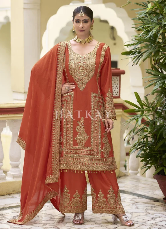Fantastic Deals Orange Golden Embroidered Pakistani Palazzo Style Suit