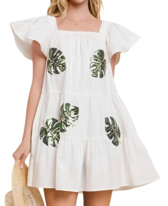 Doorbuster Deal Leaf Sequin Patch Tiered Babydoll Mini Dress In White