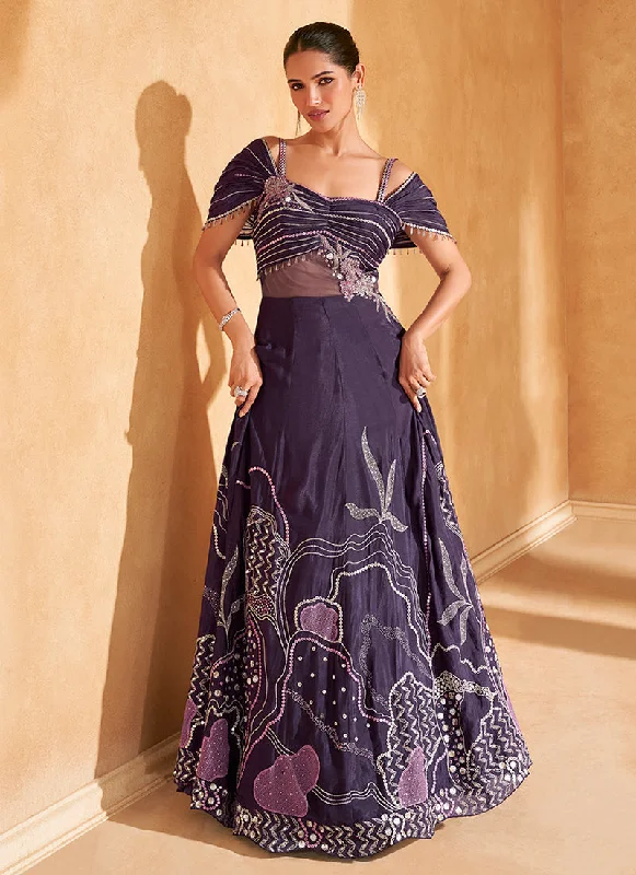 Savings Alert Deep Purple Embroidered Designer Gown