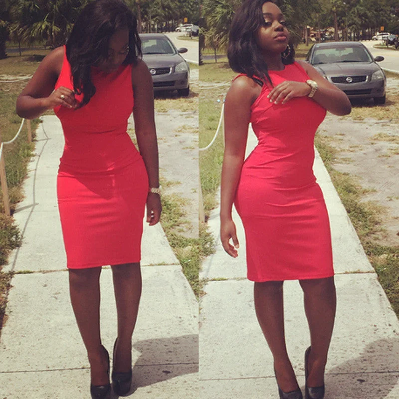 Final Markdown Bodycon Scoop Pure Color Sleeveless Knee-length Dress