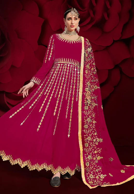 Must-Have Deals Pink Golden Mirror Work Flared Anarkali Pant Suit