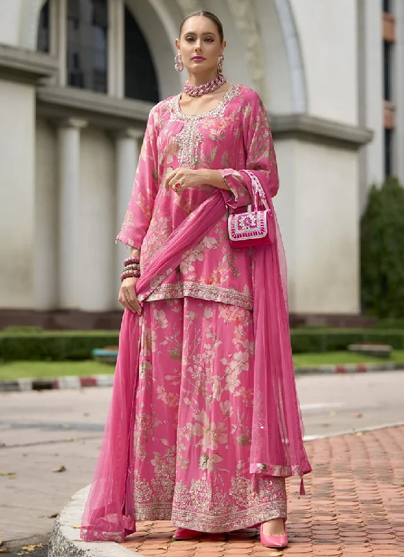 New Arrival Rich Pink Sequence Embroidery Printed Palazzo Suit