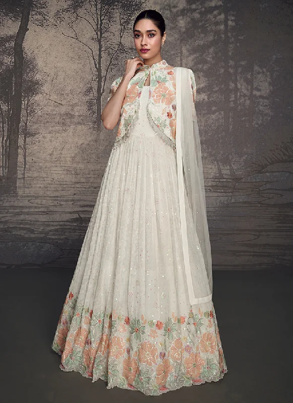 Season Finale Sale Pearl White Floral Embroidery Jacket Style Anarkali Gown