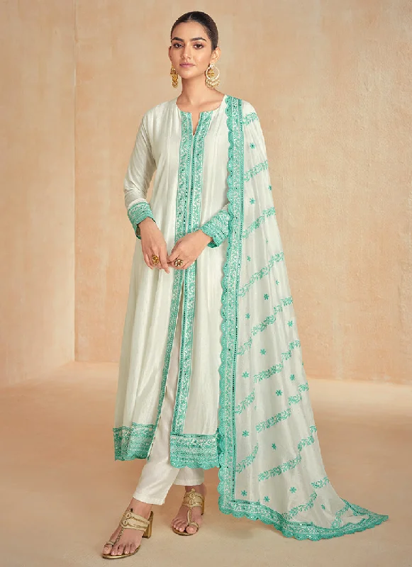 Deal Zone Off White And Teal Embroidery Slit Style Silk Anarkali Suit