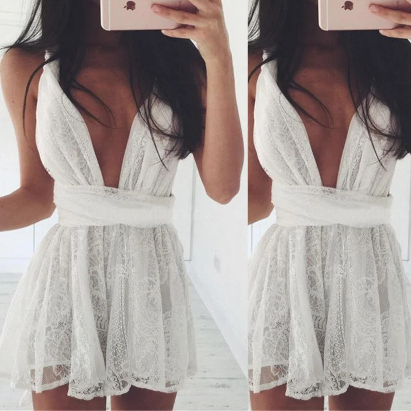 Don't Wait Backless Spaghetti Strap White Lace Back Cross V-neck Short Dress