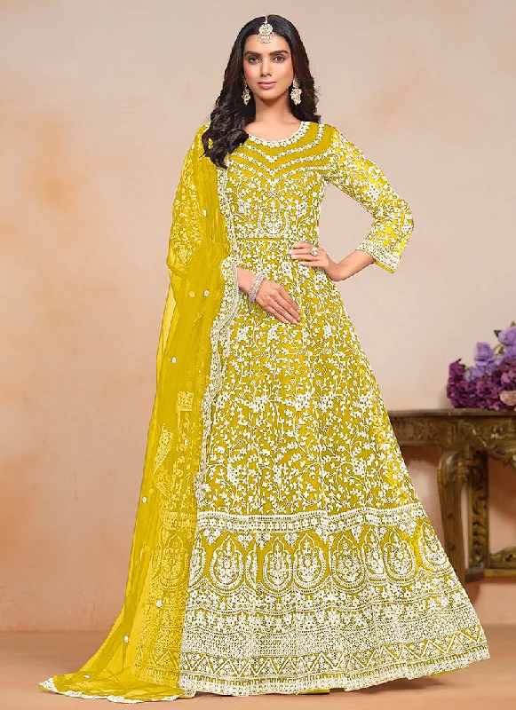 Limited Stock Bright Yellow Designer Embroidery Festive Anarkali Suit