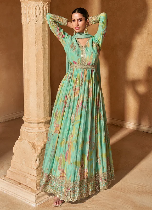 YEAR-End Sale Sea Green Floral Print Embroidered Anarkali Gown