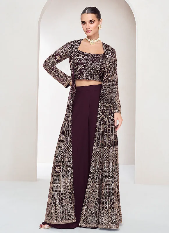 Deal Mania Deep Wine Embroidered Jacket Style Palazzo Suit