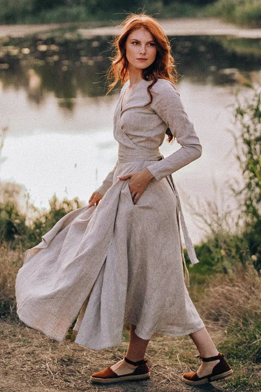 Extra Savings Long Sleeved Linen Wrap Dress in Midi Length