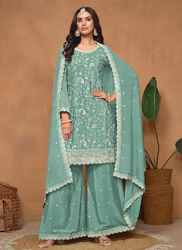 Super Bargain Teal Blue Embroidery Festive Palazzo Suit