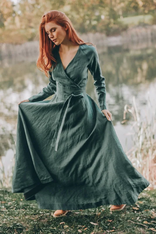 Price Cut Heavy Linen Wrap Dress with Waist Belt