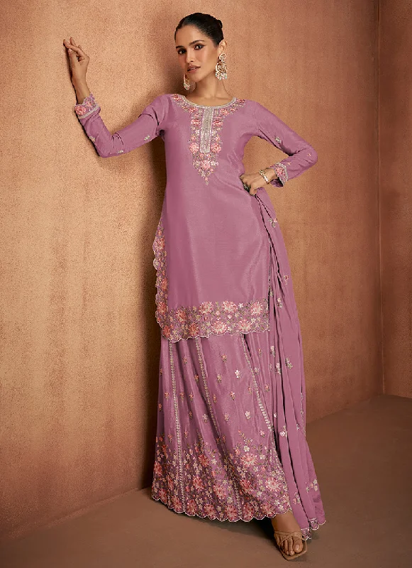 Value Deals Lavender Multi Embroidery Party Wear Sharara Suit