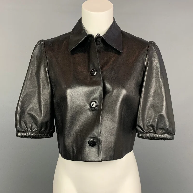 RALPH LAUREN Black Label Size 6 Black Leather Short Sleeve Buttoned Jacket