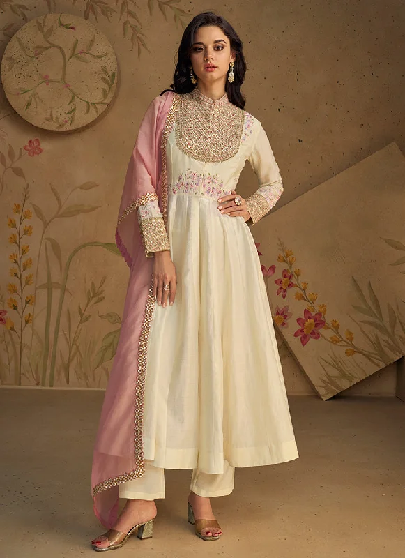 Limited Edition Off White Multi Embroidery Slit Style Short Anarkali Pant Suit