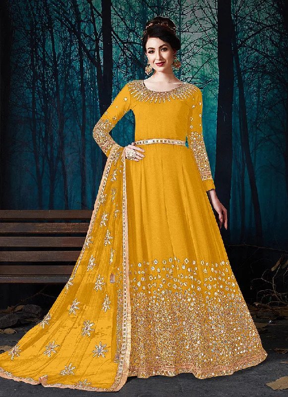 Crazy Savings Yellow Mirror Embroidered Designer Anarkali Suit