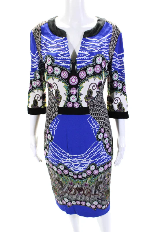 Buy Now Etro Womens Abstract Print V-Neck Long Sleeve Zip Up Dress Blue