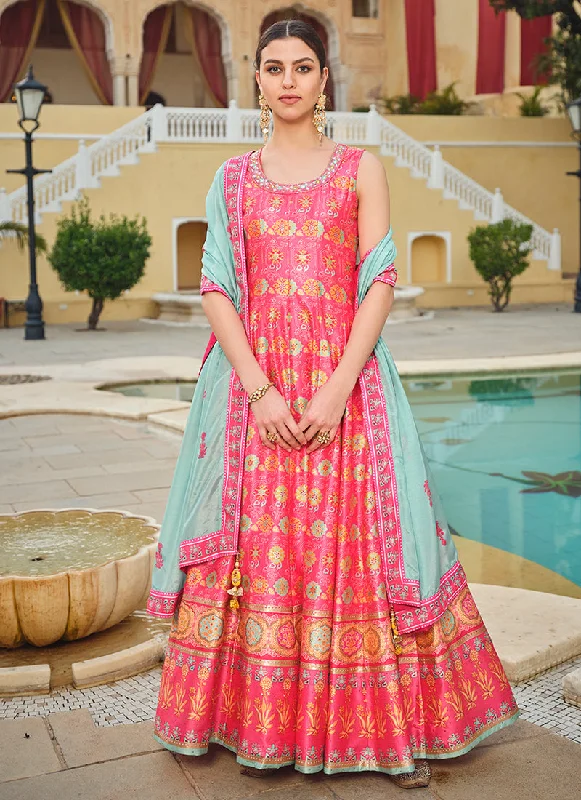 Loyalty Reward Bright Pink Embroidery And Printed Anarkali Gown