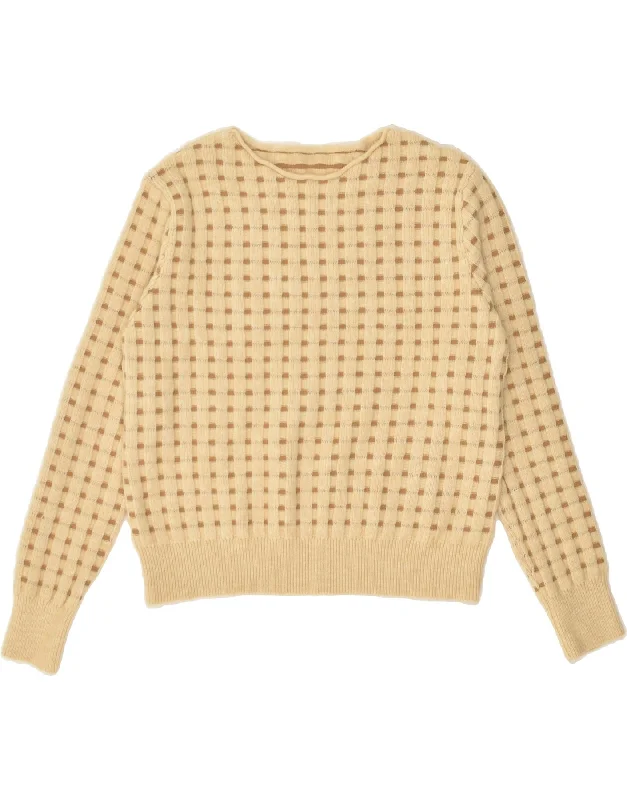 VINTAGE Womens Boat Neck Jumper Sweater UK 10 Small Beige Check Acrylic