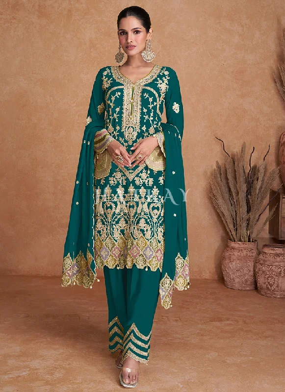 Discount Deals Dark Green Multi Embroidery Traditional Pant Style Suit