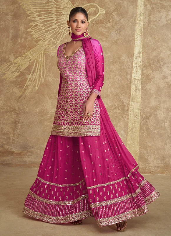 Stock Clearance Magenta Pink Embroidery Designer Sharara Suit